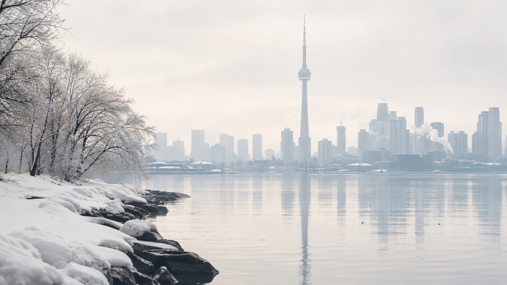 Toronto skyline and waterfront in serene winter morning light